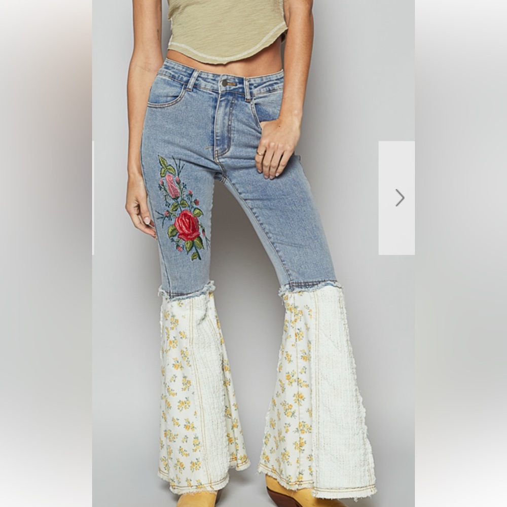 POL Denim Flare Jeans with Red Rose Embroidery and Cream Floral Panels